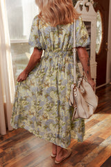 Multicolour Vintage Floral V Neck Short Puff Sleeve Long Dress Dresses JT's Designer Fashion