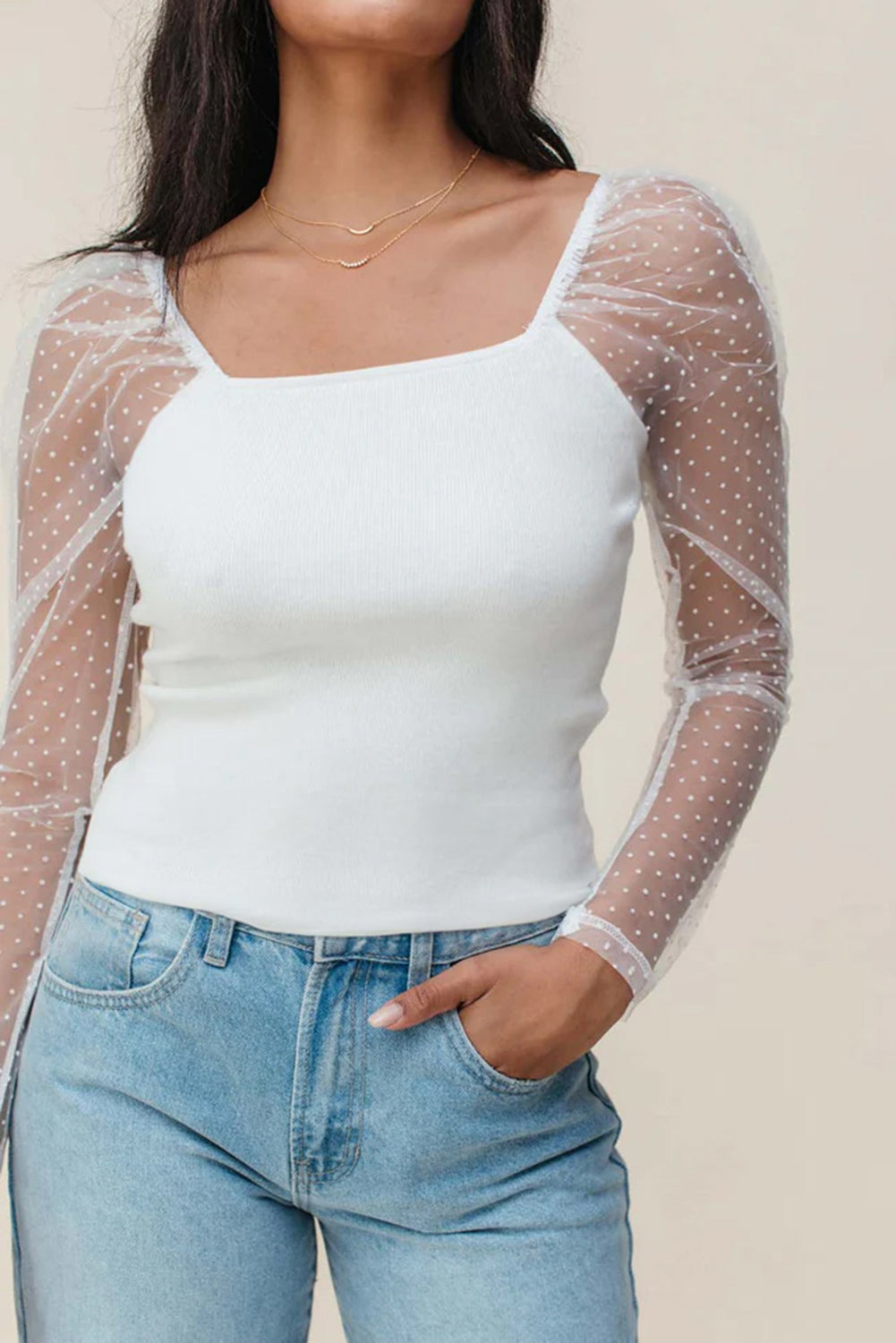 White Swiss Dot Mesh Long Sleeve Square Neck Slim Top Long Sleeve Tops JT's Designer Fashion
