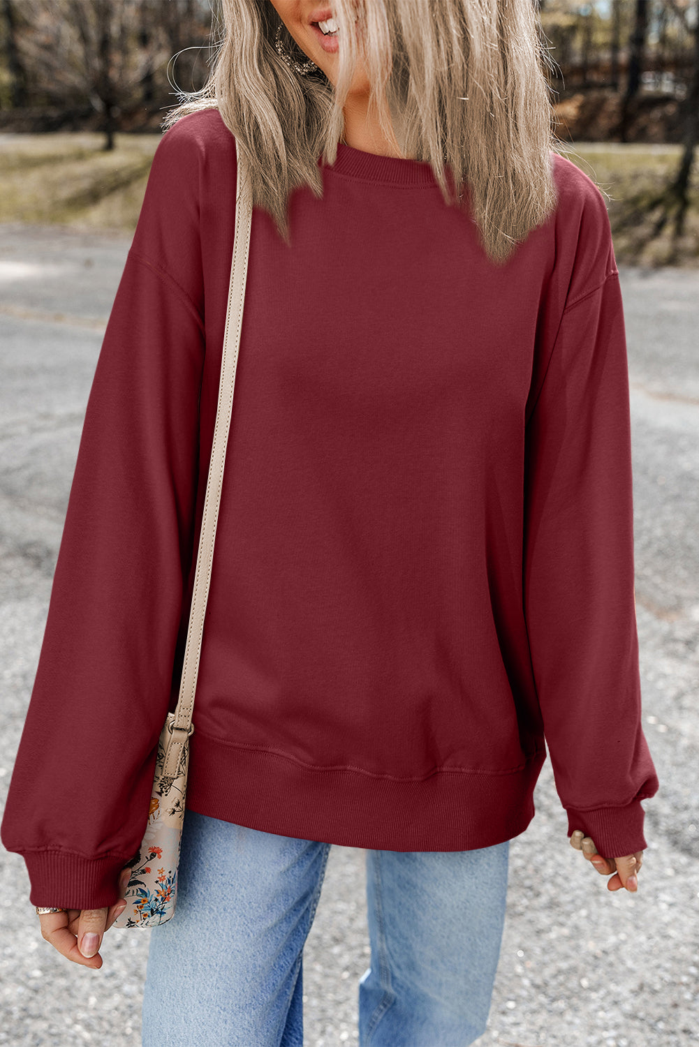 Burgundy Plain Drop Shoulder Crewneck Pullover Sweatshirt Sweatshirts & Hoodies JT's Designer Fashion