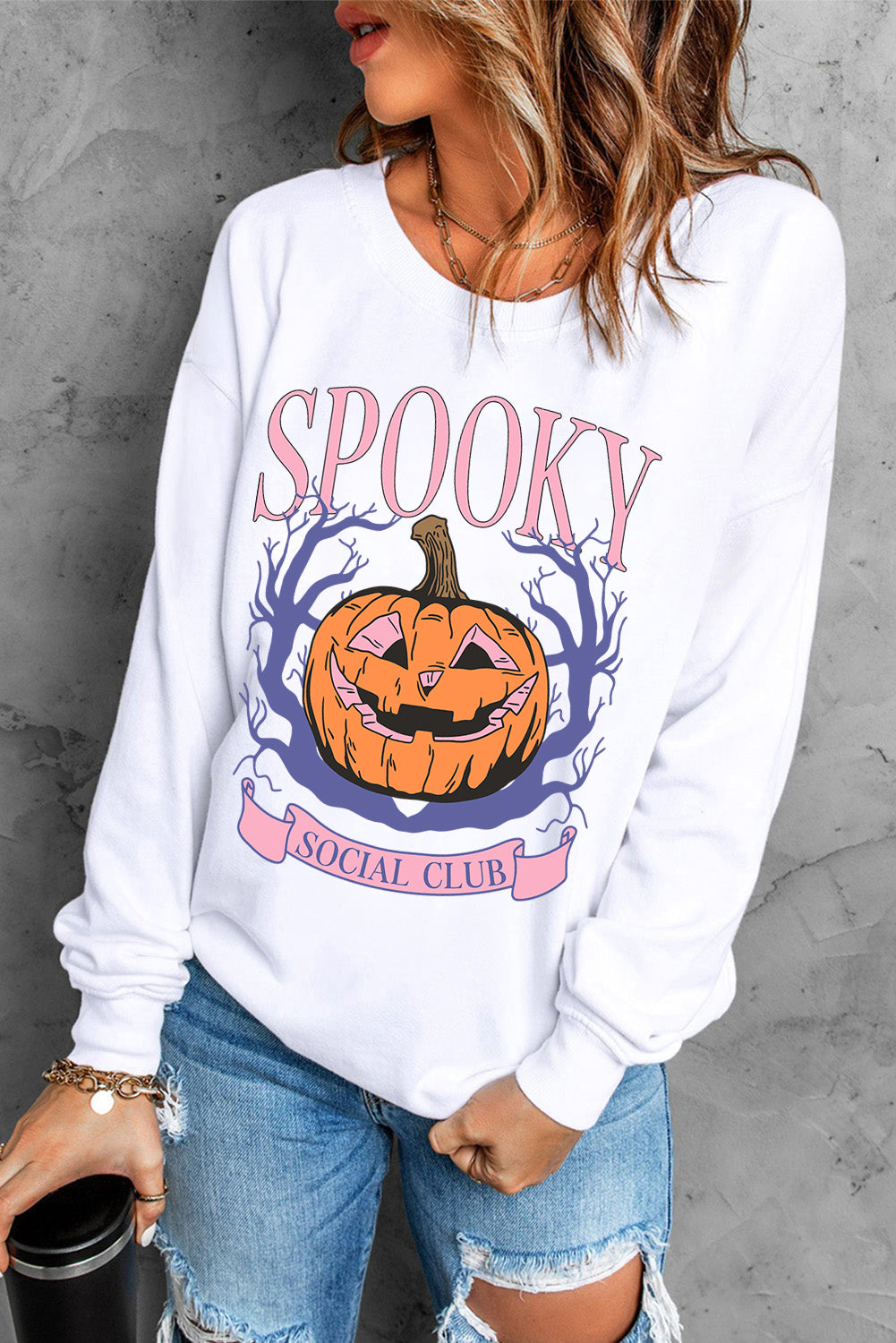 Beige SPOOKY SOCIAL CLUB Halloween Pumpkin Face Graphic Sweatshirt Graphic Sweatshirts JT's Designer Fashion