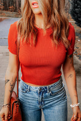 Tomato Red Ribbed Knit Crewneck Crop Sheath T Shirt Sweaters & Cardigans JT's Designer Fashion