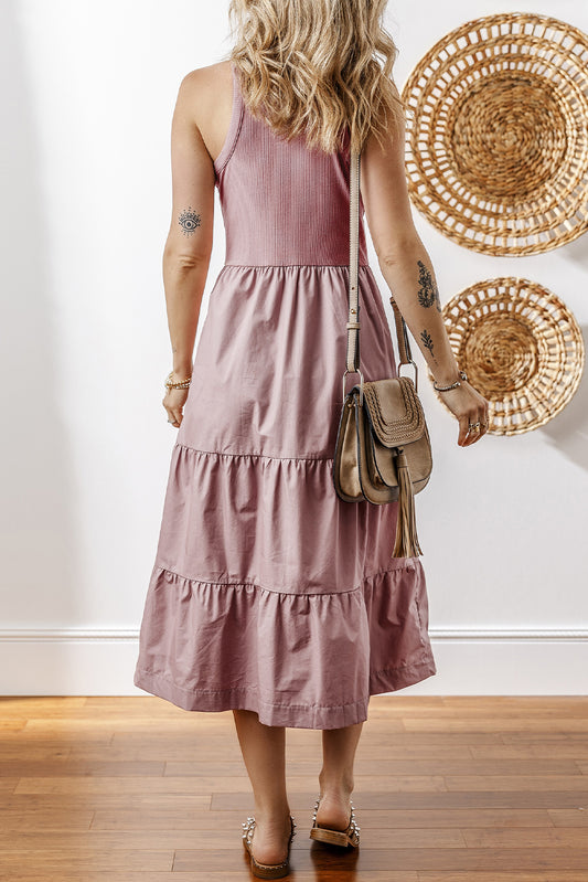 Sepia Rose Ribbed Vest Patchwork Tiered Midi Dress with Pockets Midi Dresses JT's Designer Fashion