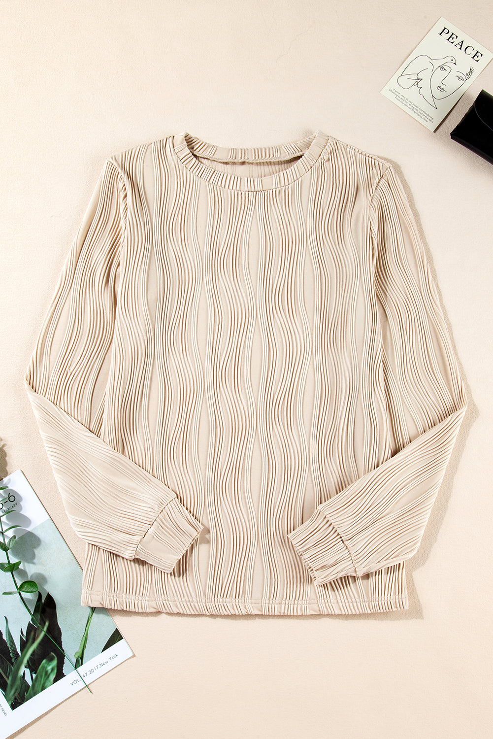 Apricot Textured Wavy Round Neck Long Sleeve Top Long Sleeve Tops JT's Designer Fashion