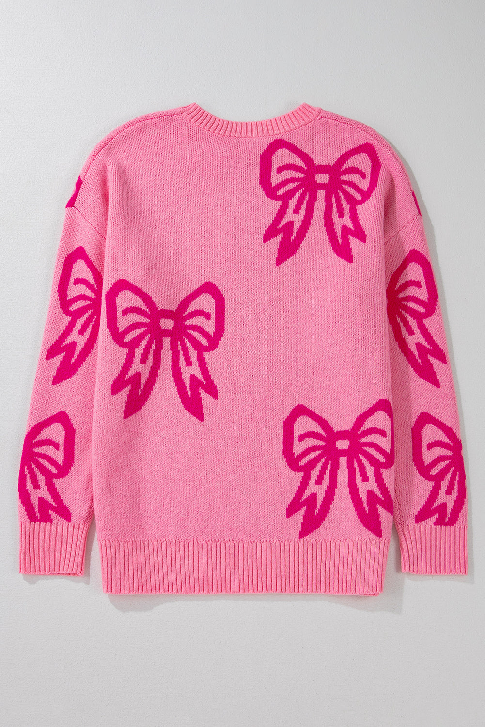Pink Bow Pattern Drop Shoulder Loose Sweater Sweaters JT's Designer Fashion