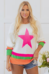 White Star Pattern Colorblock Striped Edge Drop Shoulder Sweater Sweaters JT's Designer Fashion