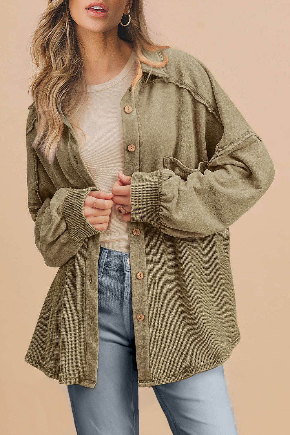 Moss Green Waffle Knit Patchwork Buttoned Oversized Shacket Moss Green 65%Polyester+35%Cotton Jackets JT's Designer Fashion