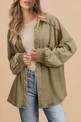 Moss Green Waffle Knit Patchwork Buttoned Oversized Shacket Moss Green 65%Polyester+35%Cotton Jackets JT's Designer Fashion
