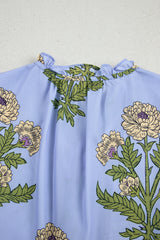 Sky Blue Floral Print Button Tie Neck Long Puff Sleeve Blouse Blouses & Shirts JT's Designer Fashion