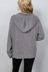 Medium Grey Drawstring Hooded Button Up Drop Shoulder Sweater Cardigan Cardigans JT's Designer Fashion