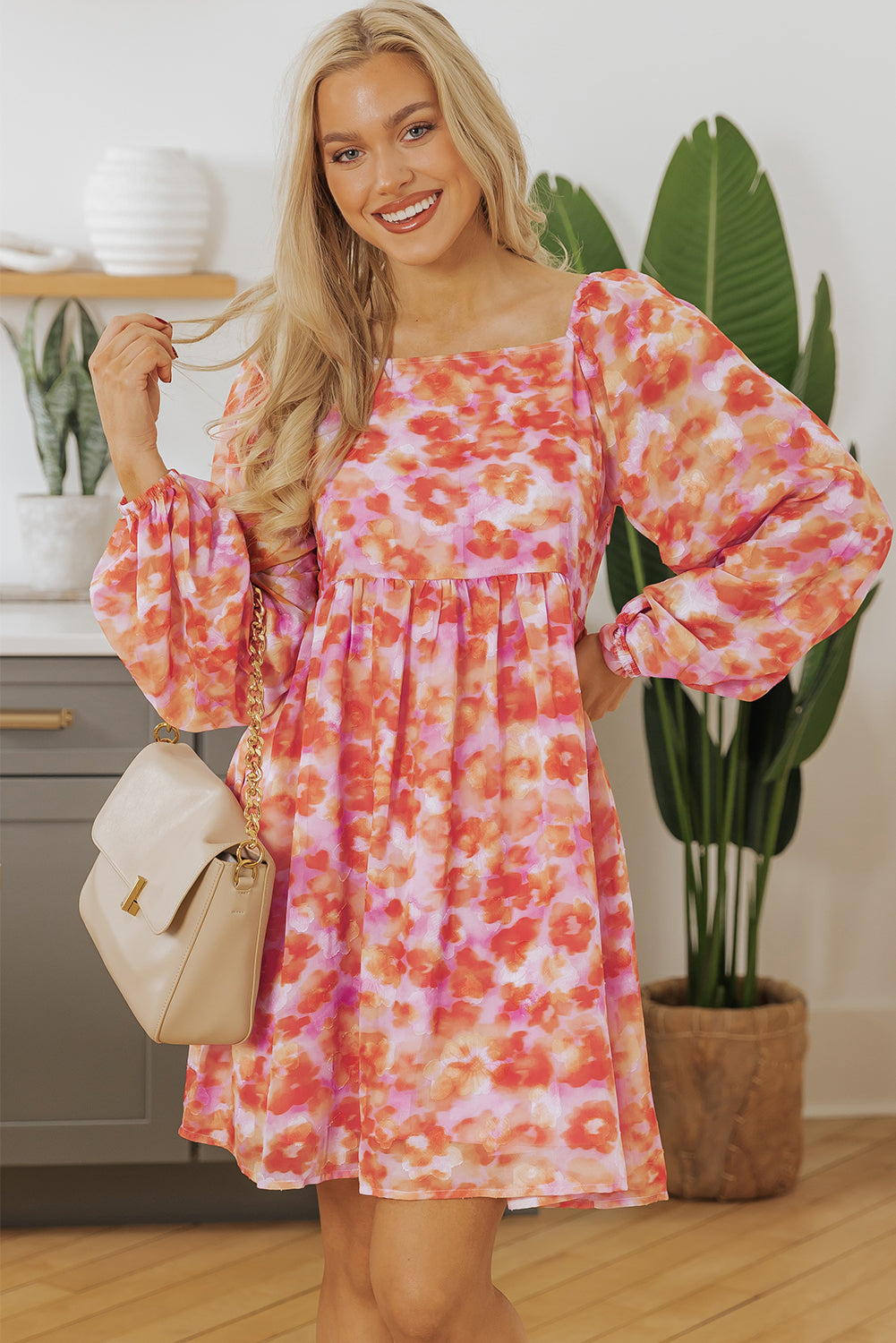 Rose Floral Print Square Neck High Waist Mini Dress Floral Dresses JT's Designer Fashion