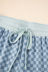 Sky Blue Checkerboard Long Sleeve Pullover and Shorts Set Short Sets JT's Designer Fashion