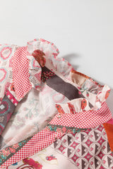 Red Boho Geometric Mixed Print Patchwork Bubble Sleeve Shirt Blouses & Shirts JT's Designer Fashion