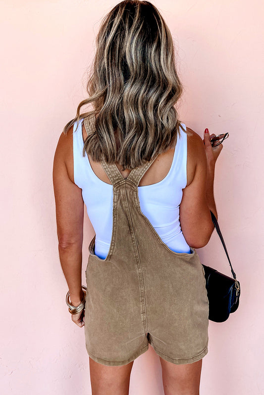 Light French Beige Solid Color Knot Straps Denim Romper with Pockets Jumpsuits & Rompers JT's Designer Fashion