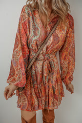 Orange Boho Paisley Print Long Sleeve Pleated Belted Mini Dress Mini Dresses JT's Designer Fashion