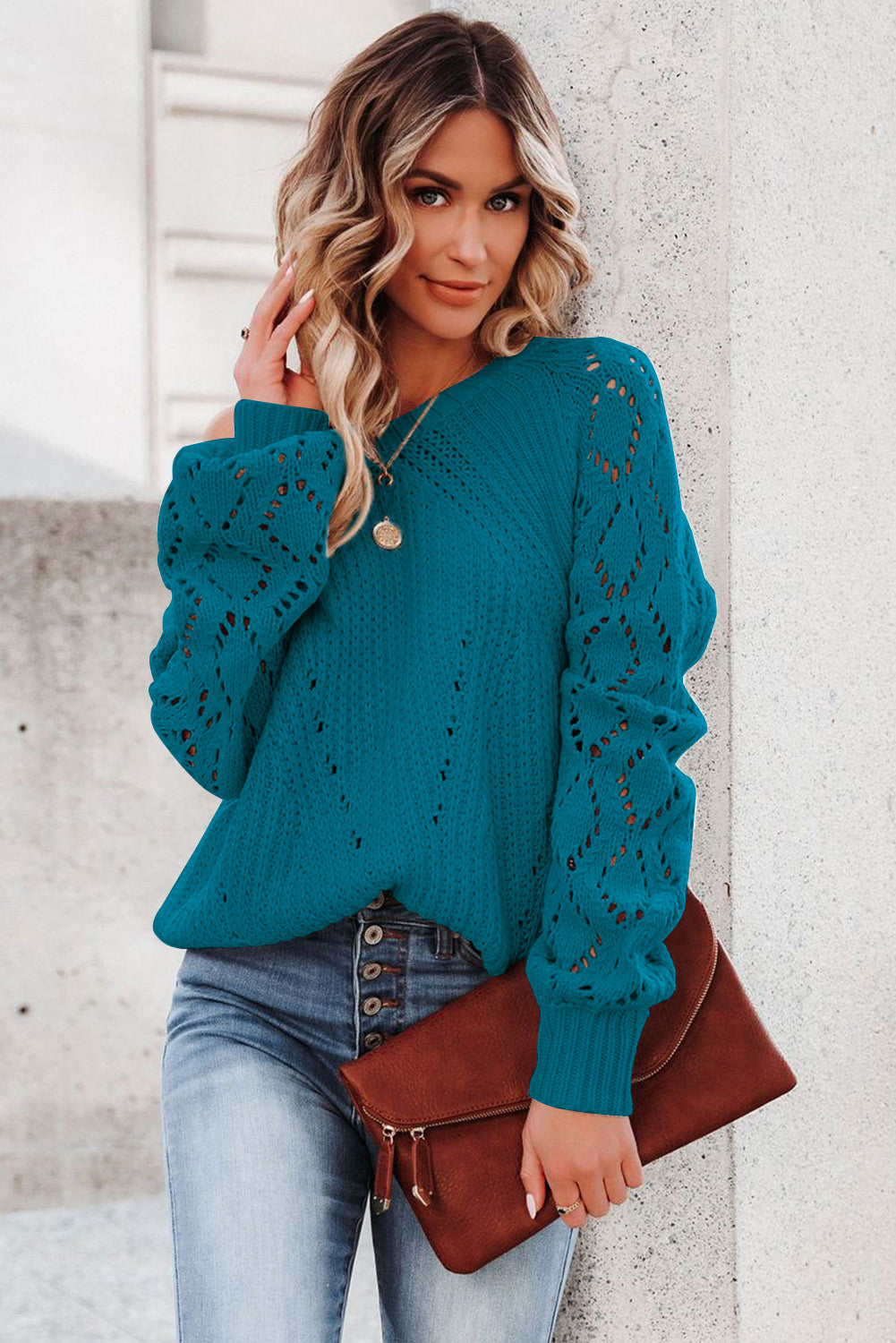 Blue Hollow-out Puffy Sleeve Knit Sweater Sweaters JT's Designer Fashion