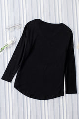 Black Solid Color V Neck Long Sleeve Knit Top Long Sleeve Tops JT's Designer Fashion