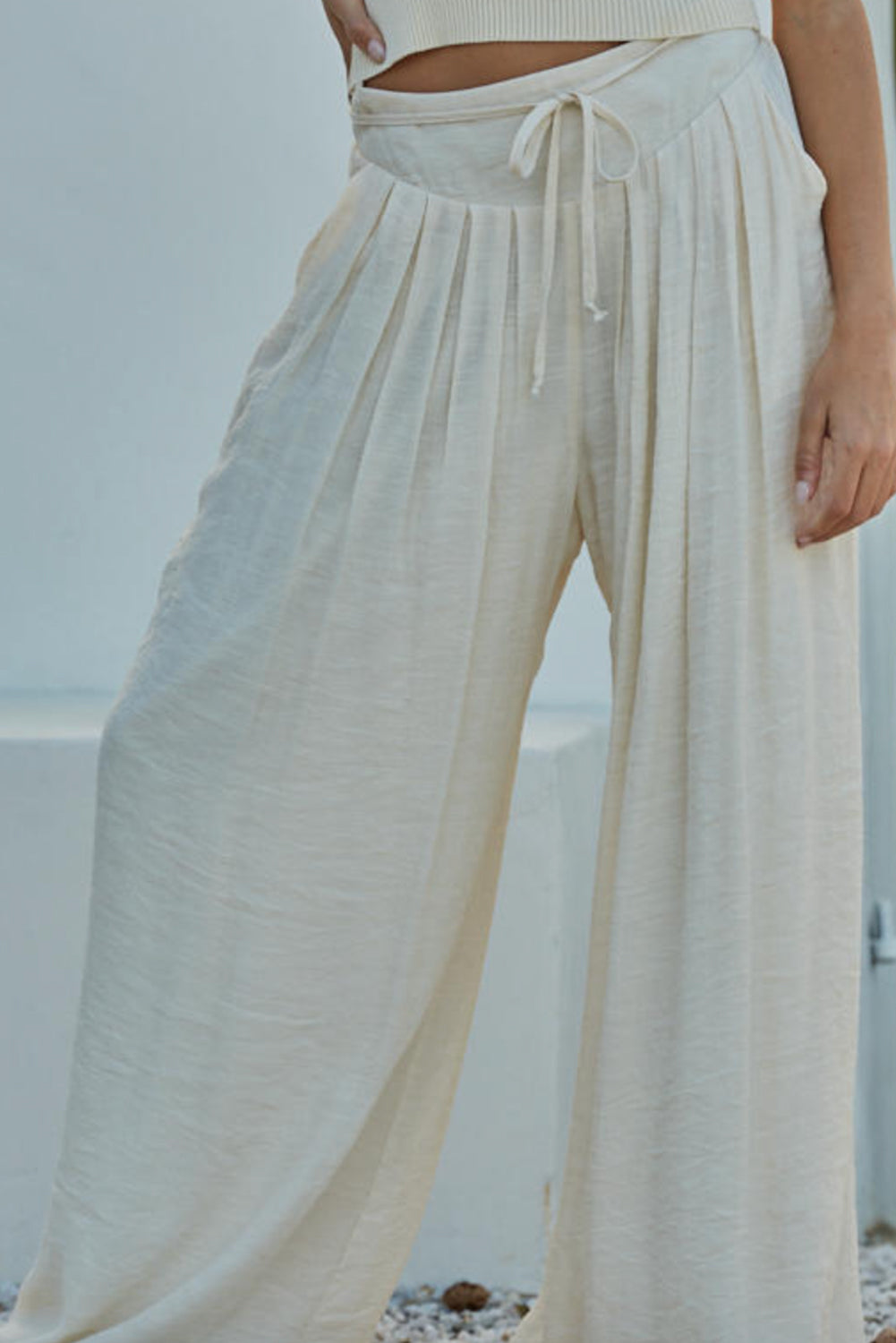 White Casual Tie Waist Pleated Wide Leg Pants Pants & Culotte JT's Designer Fashion