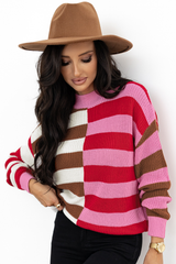 Pink Stripe Color Block High Neck Drop Shoulder Loose Sweater Sweaters JT's Designer Fashion