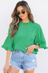 Green Frilly Round Neck Wide Half Sleeve Blouse Green 100%Polyester Blouses & Shirts JT's Designer Fashion