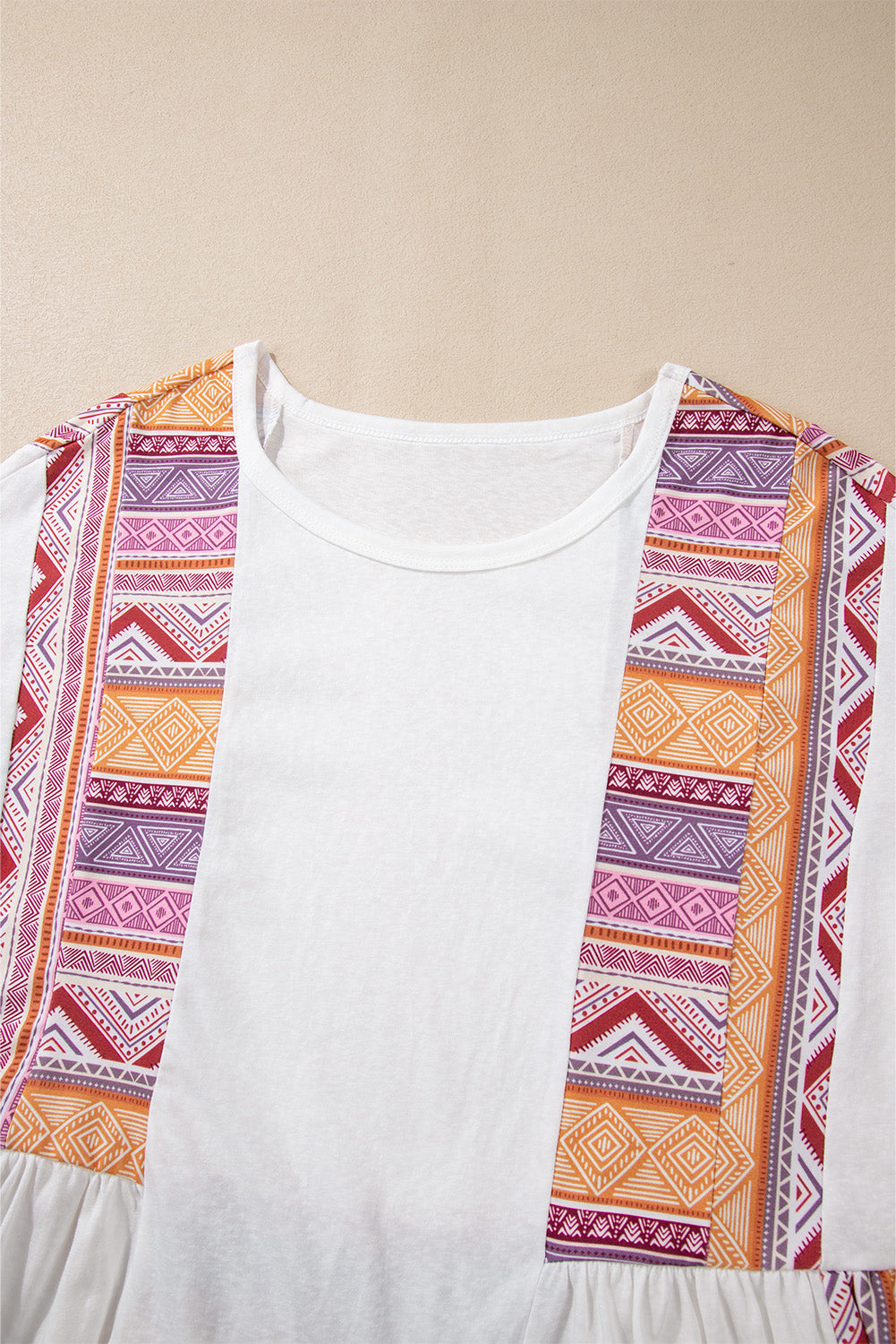 White Western Aztec Print Patchwork Ruffled Tunic Long Sleeve Babydoll Top Long Sleeve Tops JT's Designer Fashion