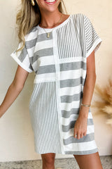 Gray Stripe Mixed Printed Short Sleeve Shift Mini T Shirt Dress Gray Stripe 95%Polyester+5%Elastane T Shirt Dresses JT's Designer Fashion