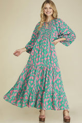 Green Abstract Print Puff Sleeve Tied Notched Neck Long Dress Maxi Dresses JT's Designer Fashion