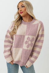 Orchid Petal Checkered Floral Print Striped Sleeve Sweater Sweaters JT's Designer Fashion