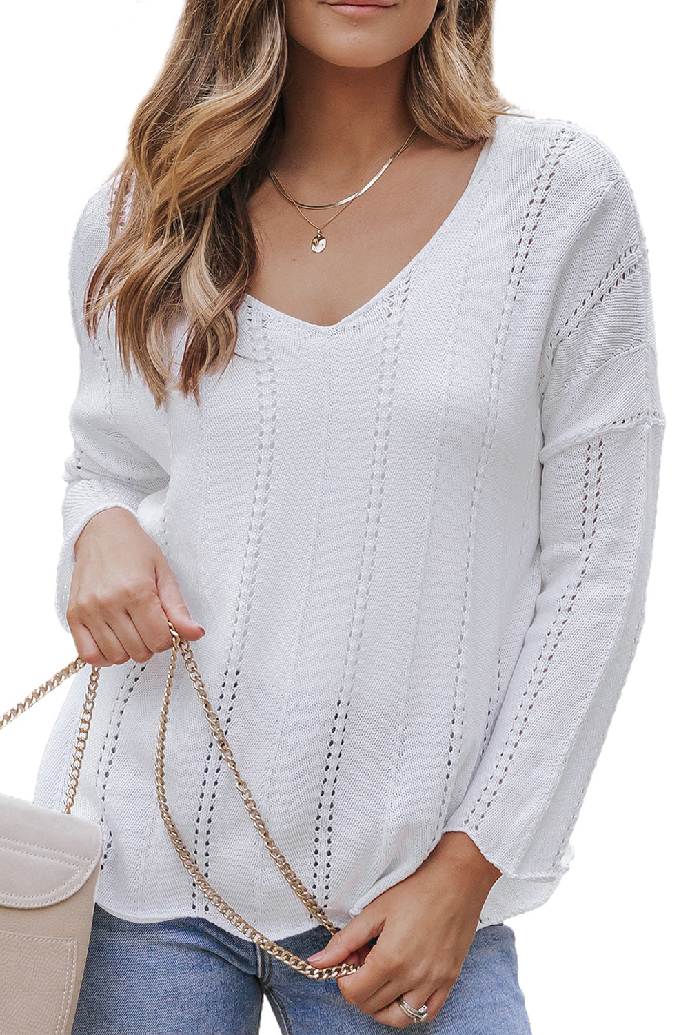 White Hollowed Detail Knitted Loose V Neck Sweater Sweaters & Cardigans JT's Designer Fashion