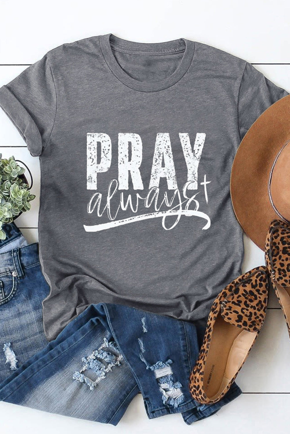Gray Pray Always Graphic Crew Neck Tee Gray 95%Polyester+5%Elastane Graphic Tees JT's Designer Fashion