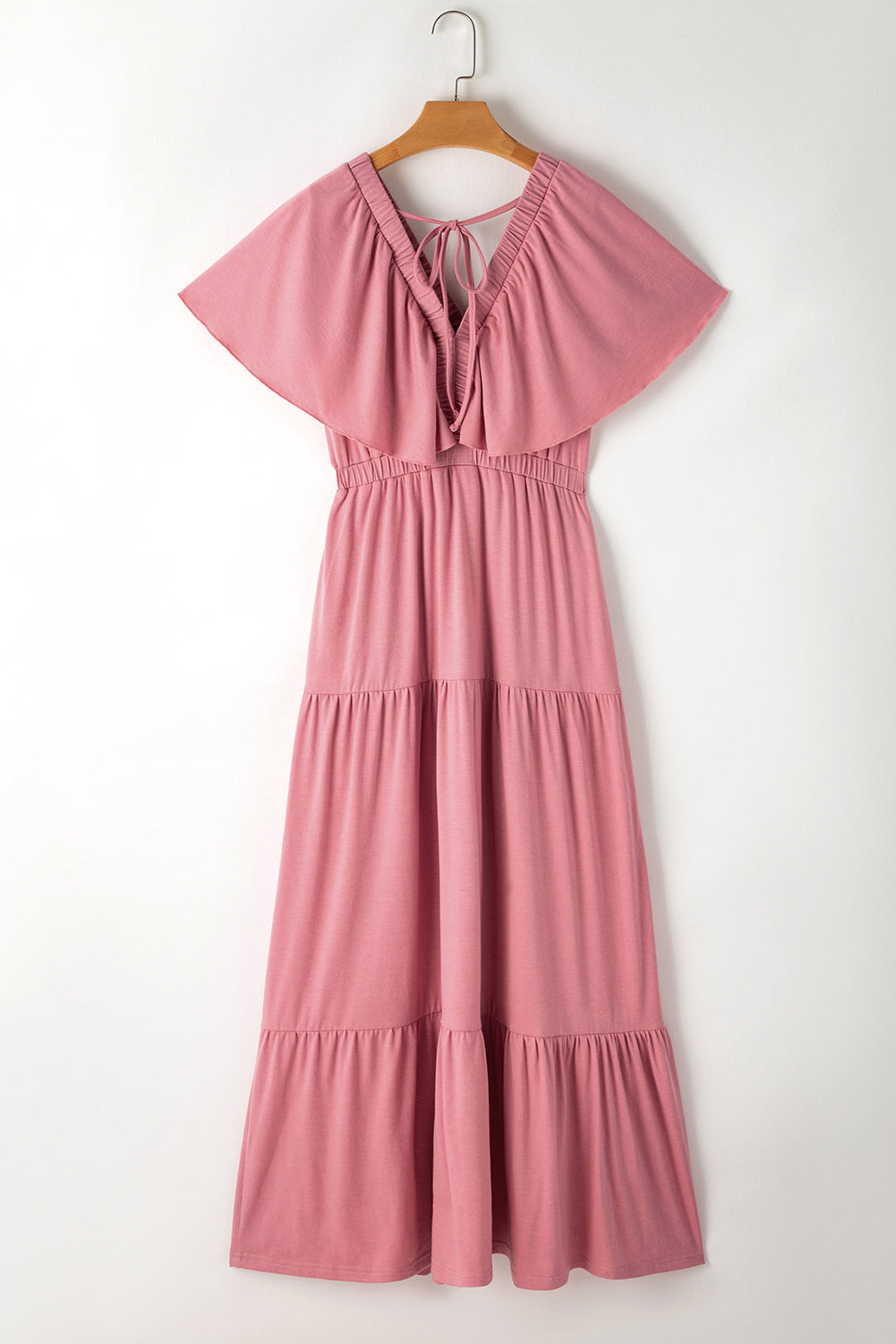 Rose Pink Textured V Neck Flutter Sleeve Ruffled Long Dress Maxi Dresses JT's Designer Fashion