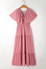 Rose Pink Textured V Neck Flutter Sleeve Ruffled Long Dress Maxi Dresses JT's Designer Fashion