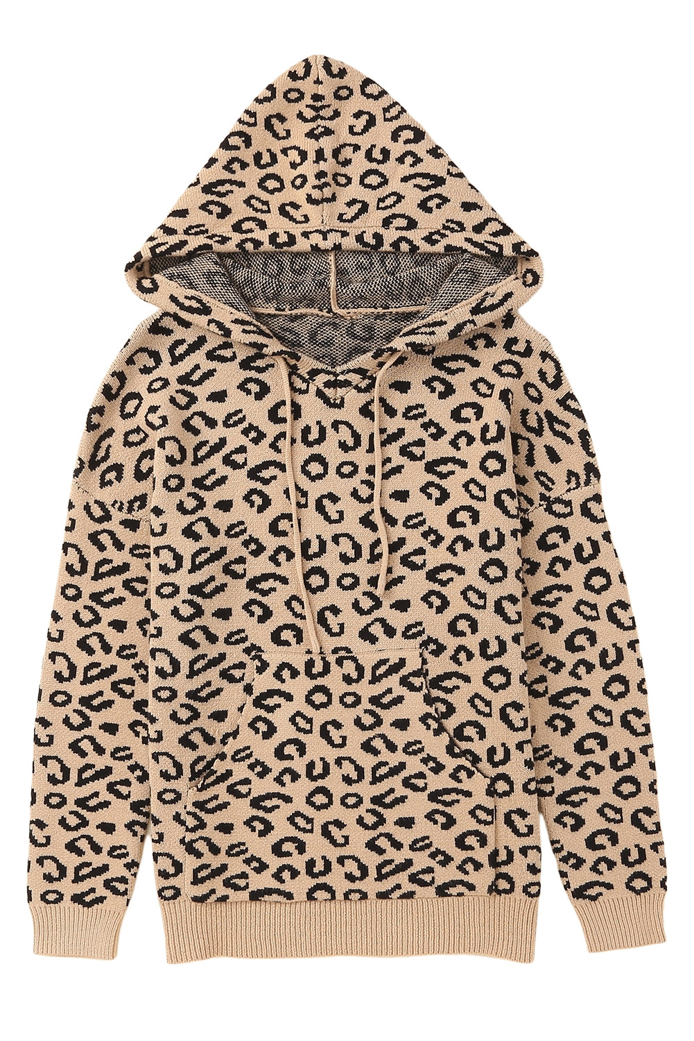Khaki Leopard Knitted Drawstring Hooded Sweater Sweaters & Cardigans JT's Designer Fashion