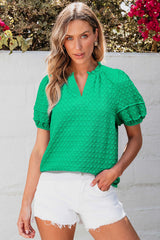 Bright Green Textured Puff Short Sleeve Notched V Neck Top Blouses & Shirts JT's Designer Fashion