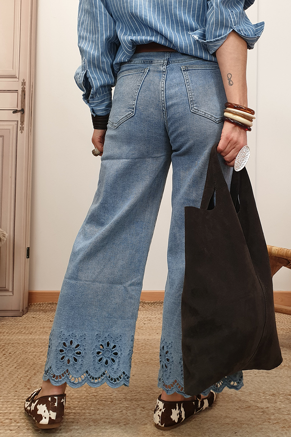 Dusk Blue Embroidered Cropped Wide Leg High Waist Jeans Jeans JT's Designer Fashion