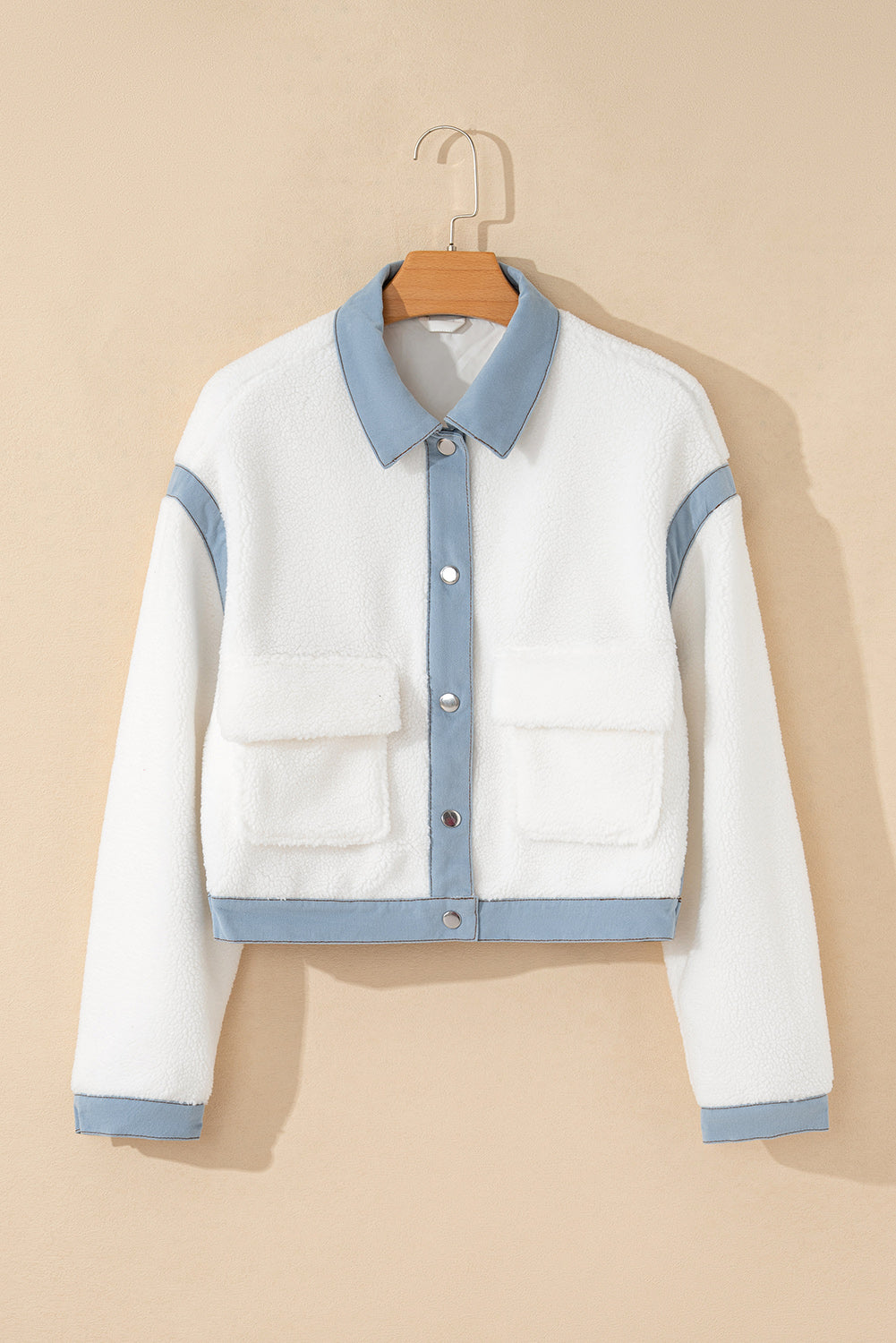 White Contrast Trim Buttoned Sherpa Jacket Jackets JT's Designer Fashion