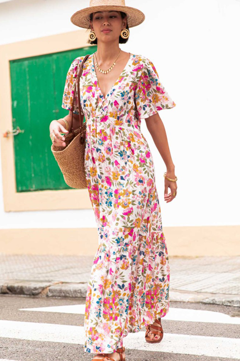 Red Floral Short Sleeve V Neck High Waist Maxi Dress Floral Dresses JT's Designer Fashion