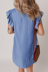 Sky Blue Stripe Frilly Split Neck Shirred Ruffle Sleeve Short Shift Dress Mini Dresses JT's Designer Fashion