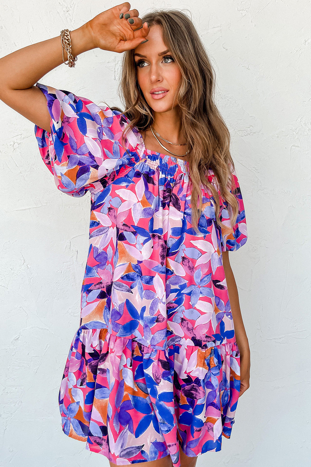 Purple Flower Print Short Puff Sleeve Ruffled Dress Floral Dresses JT's Designer Fashion