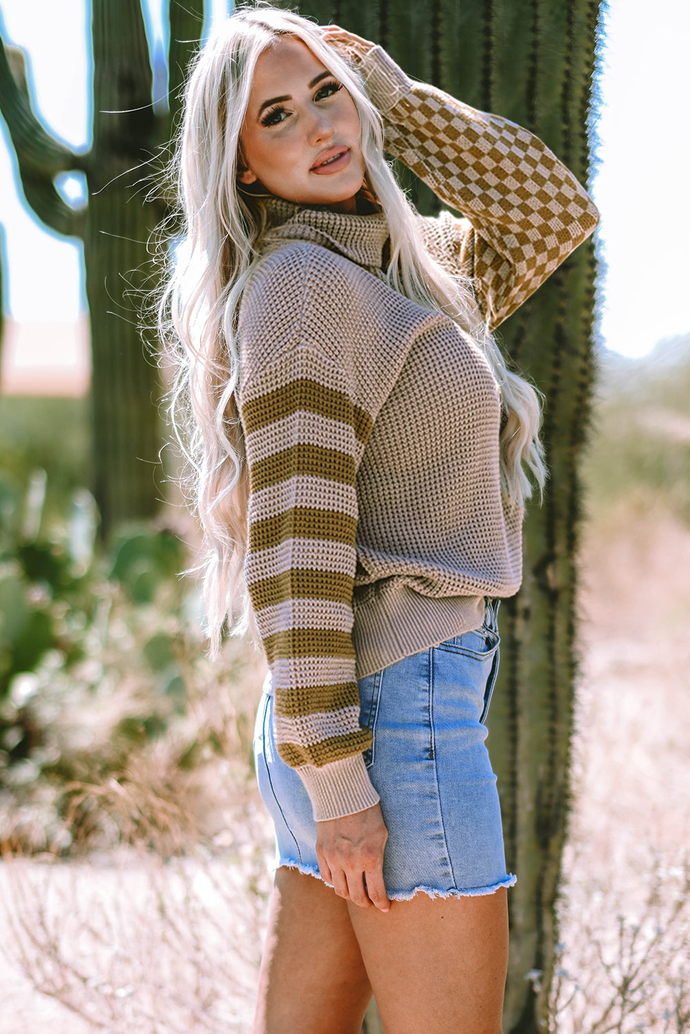 Smoke Gray Striped Plaid Patchwork Waffle Knit Turtleneck Sweater Sweaters JT's Designer Fashion