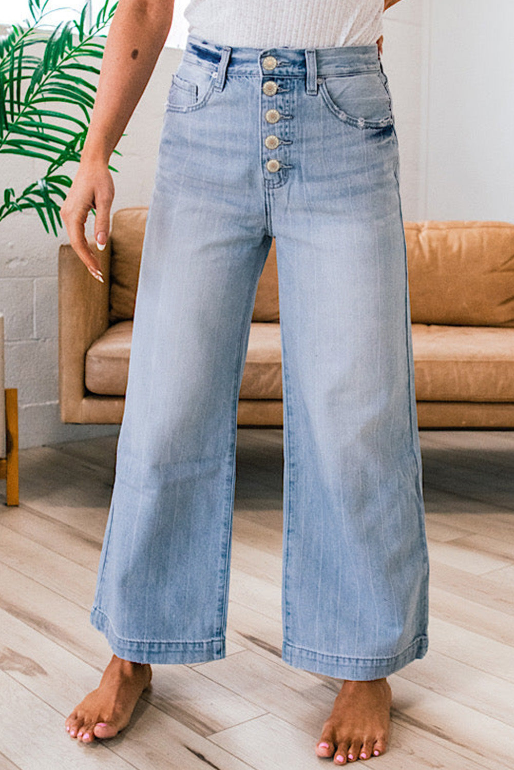 Beau Blue Multi Buttons Pinstripe Wide Leg Jeans Jeans JT's Designer Fashion