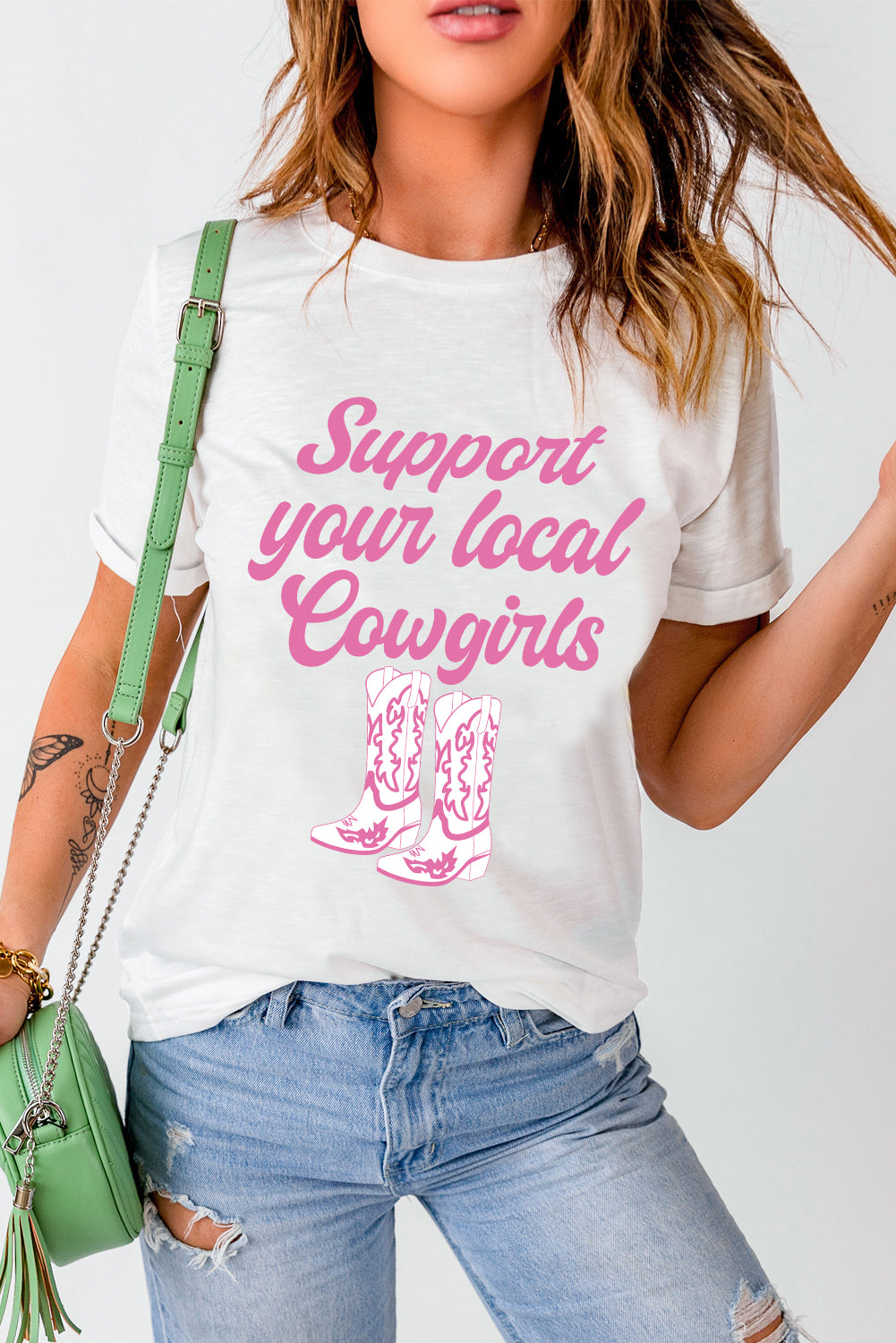 White Support Your Local Cowgirls Boots Print Crewneck Tee Graphic Tees JT's Designer Fashion