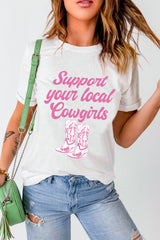 White Support Your Local Cowgirls Boots Print Crewneck Tee Graphic Tees JT's Designer Fashion
