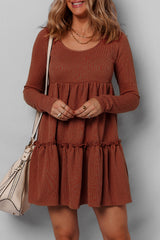 Straw Yellow Ribbed Frilled Trim High Waist Long Sleeve Mini Dress Mini Dresses JT's Designer Fashion
