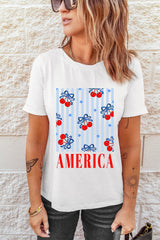 White Bow Cherry AMERICA Graphic Crewneck Patriotic T Shirt Graphic Tees JT's Designer Fashion