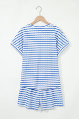 Sky Blue Stripe Knitted Short Sleeve Top and Drawstring Shorts Set Short Sets JT's Designer Fashion