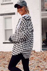 Black Plaid Print Chest Pockets Buttoned Tunic Shacket Plaid Shackets JT's Designer Fashion