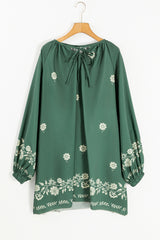 Mist Green Tie Neck Boho Floral Pattern Puff Sleeve Shift Dress Mini Dresses JT's Designer Fashion