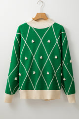 Dark Green Diamond Pattern Pom Accents Contrast Trim High Neck Sweater Sweaters JT's Designer Fashion