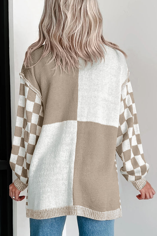 Brown Checkered Open Front Drop Shoulder Cardigan Cardigans JT's Designer Fashion