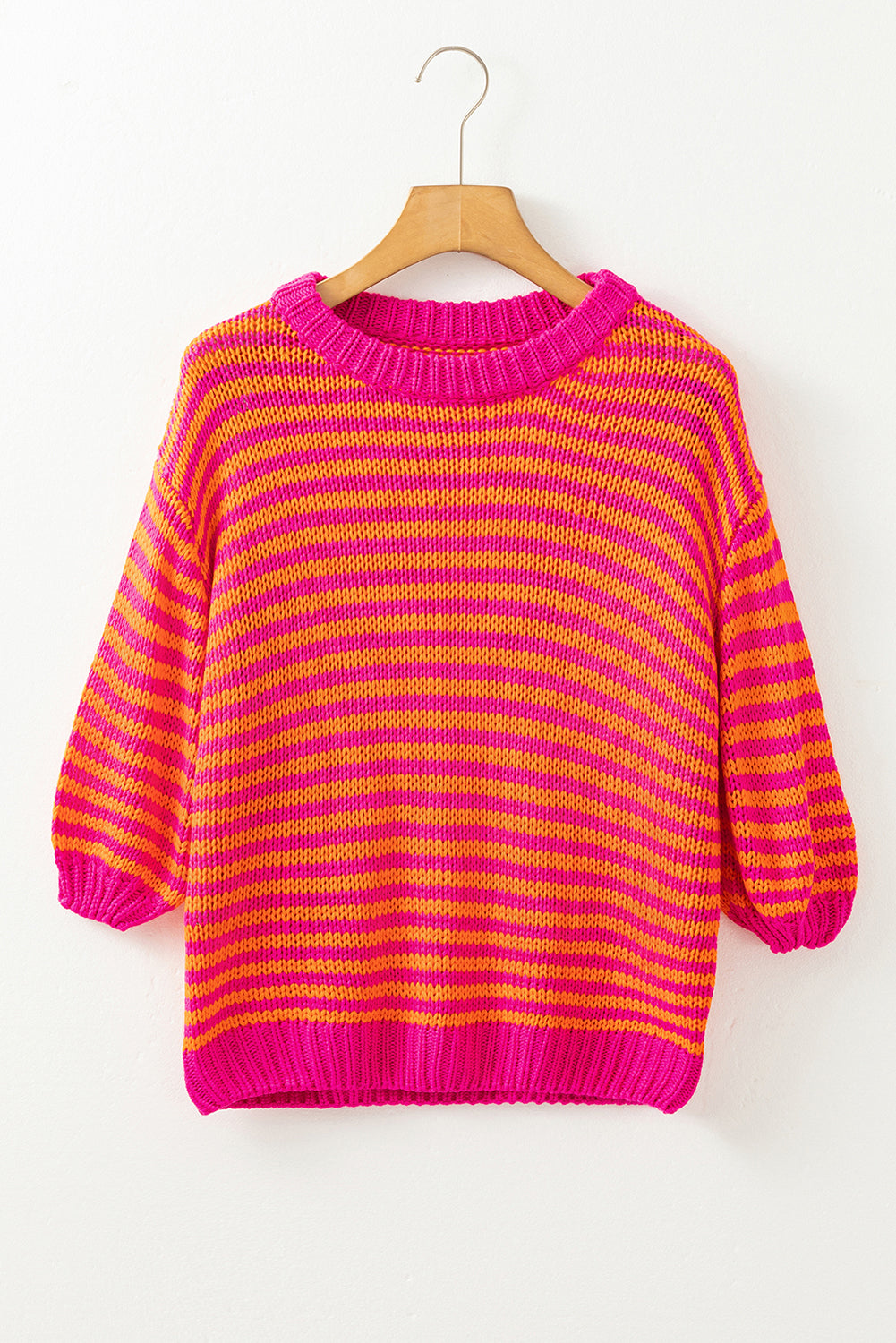 Rose Stripe 3/4 Puff Sleeve Drop Shoulder Sweater Sweaters JT's Designer Fashion